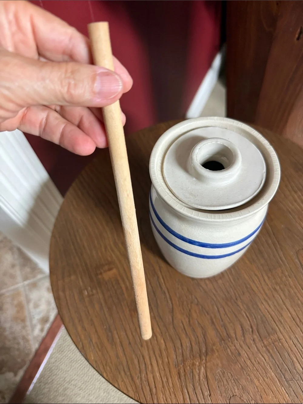 Faux Butter Churn Home Decor With Blue Strips-Great Condition-9